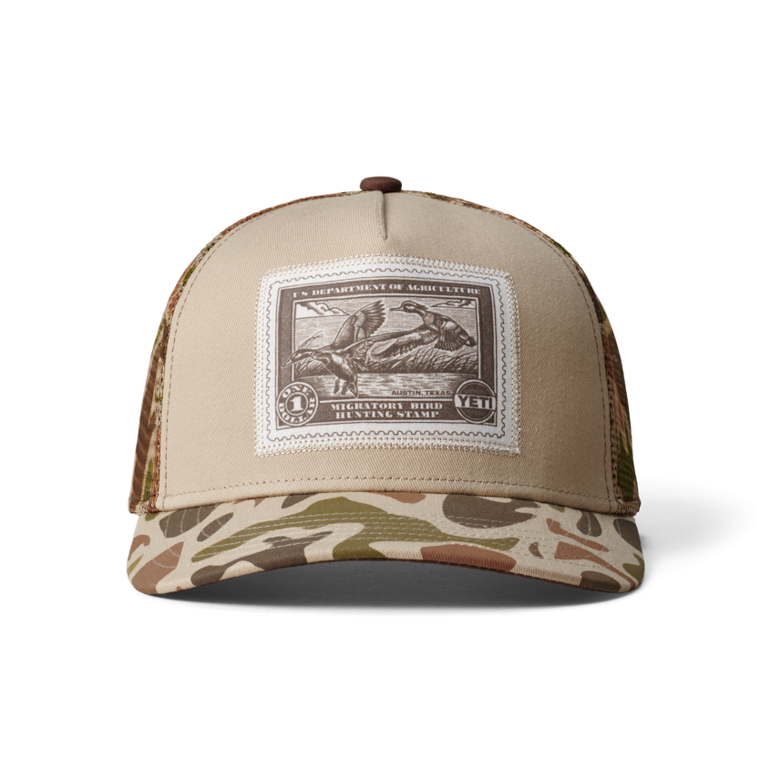 https://yeti-web.imgix.net/48d221e80a6c066d/W-YETI_2H21_Hats_Duck_Stamp_5_Panel_Trucker_Hat_Sharptail_Taupe_Camo_Front_0624_B.png?bg=0fff&auto=format&w=846&h=846